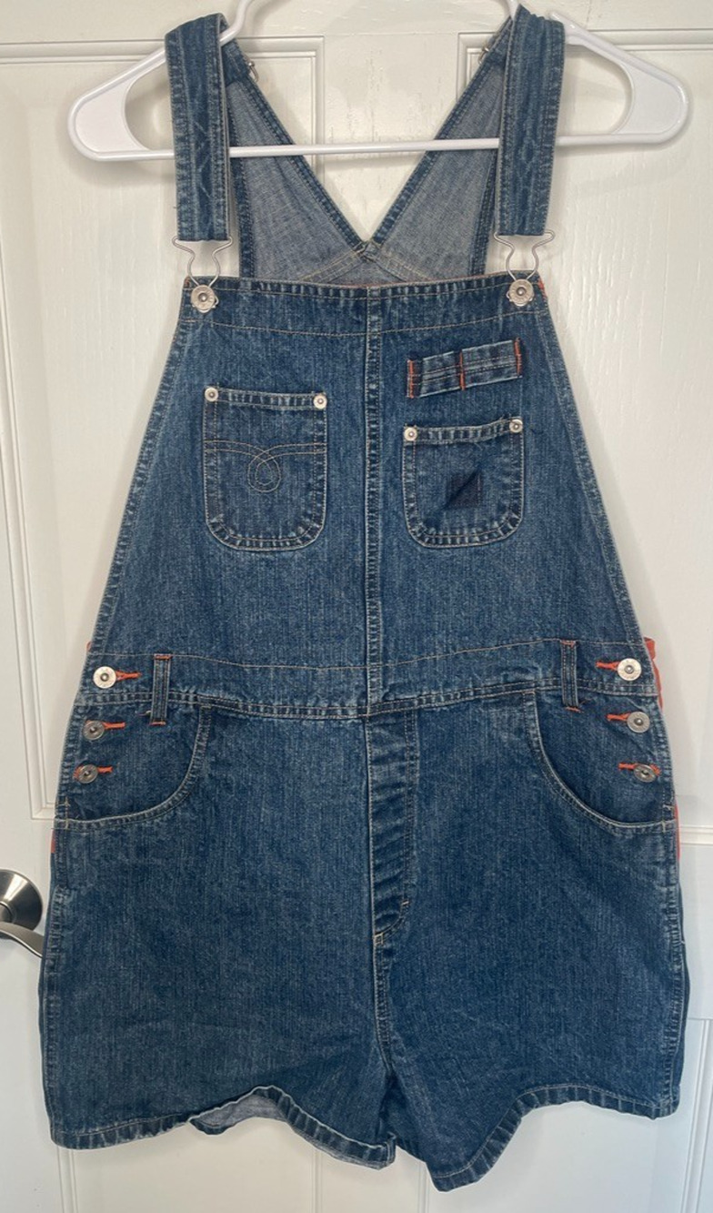 Vtg 90s BUM Equipment Women's Denim Short Bib Overalls Sz L Y2K Logo Shortalls